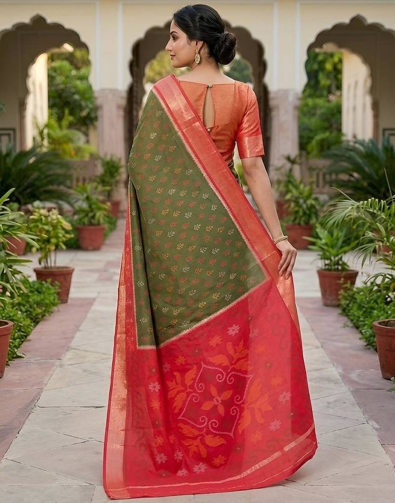 Mehendi color pochampally silk blend ikkat pattern zari woven border sarees