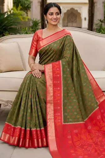 Mehendi color pochampally silk blend ikkat pattern zari woven border sarees