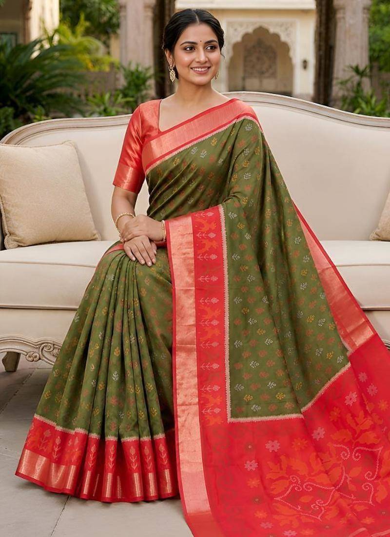 Mehendi color pochampally silk blend ikkat pattern zari woven border sarees