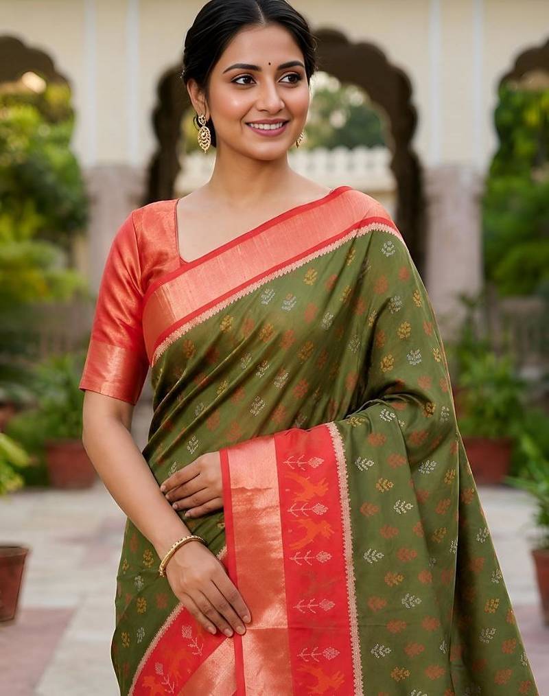 Mehendi color pochampally silk blend ikkat pattern zari woven border sarees