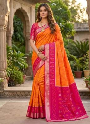 Orange color pochampally silk blend ikkat pattern zari woven border sarees 1