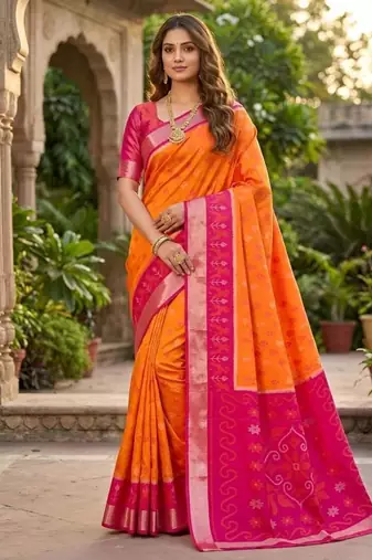 Orange color pochampally silk blend ikkat pattern zari woven border sarees