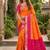 Orange color pochampally silk blend ikkat pattern zari woven border sarees