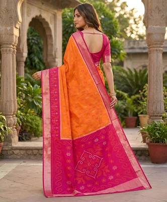 Orange color pochampally silk blend ikkat pattern zari woven border sarees 2