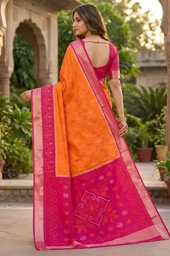 Orange color pochampally silk blend ikkat pattern zari woven border sarees
