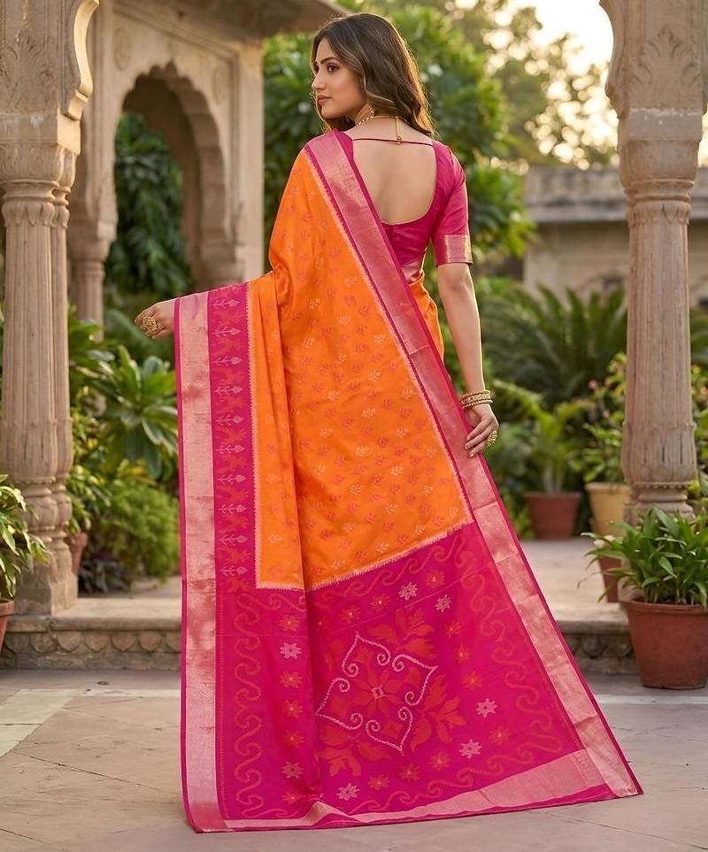 Orange color pochampally silk blend ikkat pattern zari woven border sarees