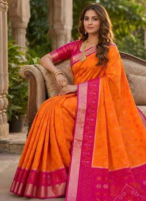 Orange color pochampally silk blend ikkat pattern zari woven border sarees 3