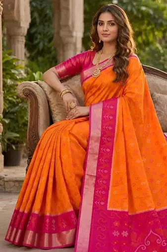 Orange color pochampally silk blend ikkat pattern zari woven border sarees