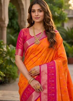Orange color pochampally silk blend ikkat pattern zari woven border sarees 4