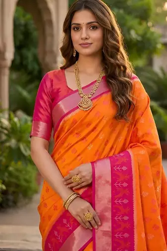 Orange color pochampally silk blend ikkat pattern zari woven border sarees