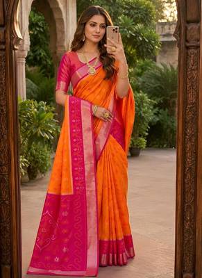 Orange color pochampally silk blend ikkat pattern zari woven border sarees 5