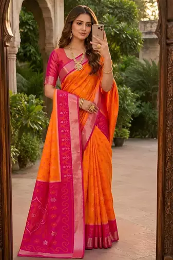 Orange color pochampally silk blend ikkat pattern zari woven border sarees