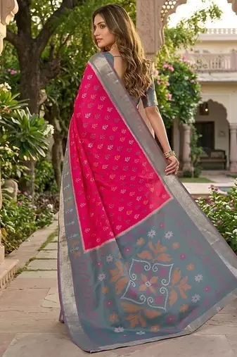 Rani pink color pochampally silk blend ikkat pattern zari woven border sarees