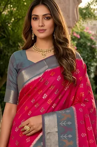 Rani pink color pochampally silk blend ikkat pattern zari woven border sarees