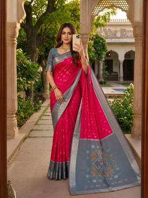 Rani pink color pochampally silk blend ikkat pattern zari woven border sarees 1
