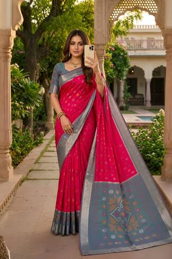 Rani pink color pochampally silk blend ikkat pattern zari woven border sarees