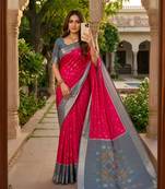 Rani pink color pochampally silk blend ikkat pattern zari woven border sarees