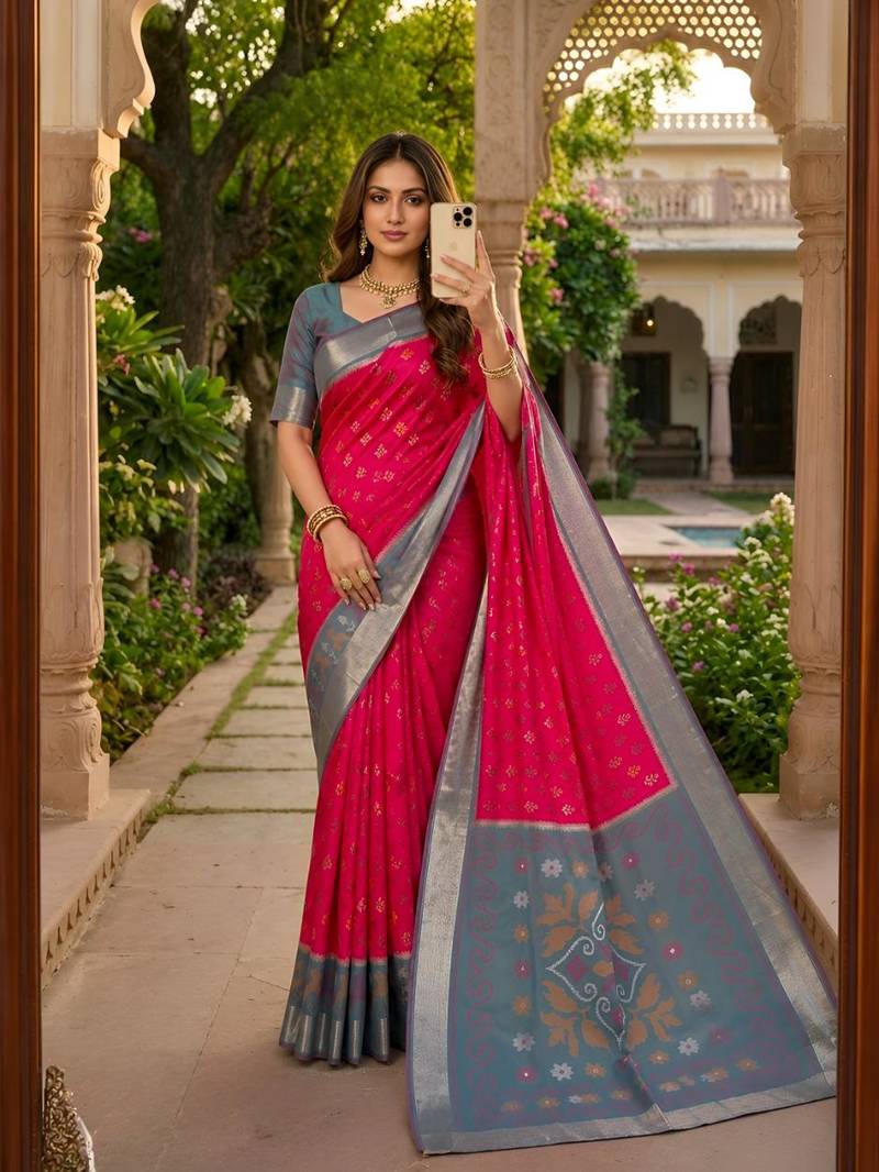 Rani pink color pochampally silk blend ikkat pattern zari woven border sarees