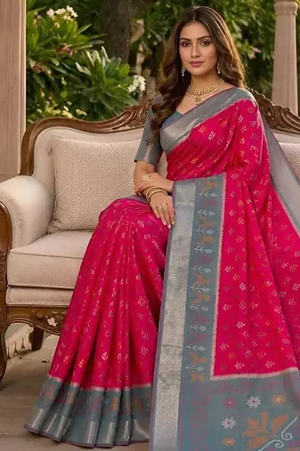 Rani pink color pochampally silk blend ikkat pattern zari woven border sarees