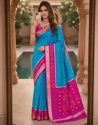 Sky blue color pochampally silk blend ikkat pattern zari woven border sarees 1