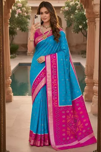 Sky blue color pochampally silk blend ikkat pattern zari woven border sarees