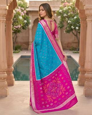 Sky blue color pochampally silk blend ikkat pattern zari woven border sarees 3