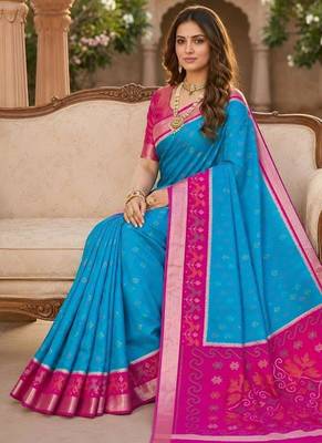 Sky blue color pochampally silk blend ikkat pattern zari woven border sarees 4