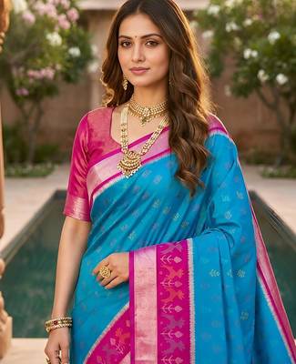 Sky blue color pochampally silk blend ikkat pattern zari woven border sarees 5