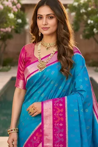 Sky blue color pochampally silk blend ikkat pattern zari woven border sarees