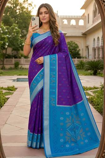 Blue color pochampally silk blend ikkat pattern zari woven border sarees