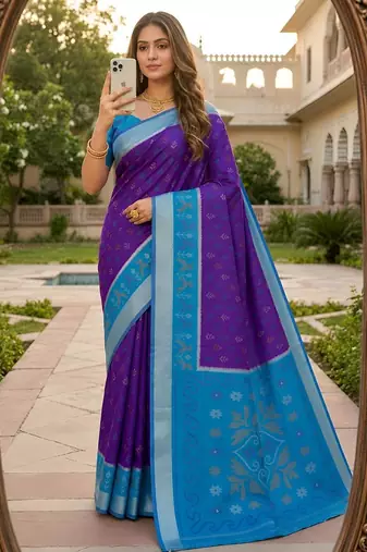 Blue color pochampally silk blend ikkat pattern zari woven border sarees