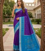 Blue color pochampally silk blend ikkat pattern zari woven border sarees