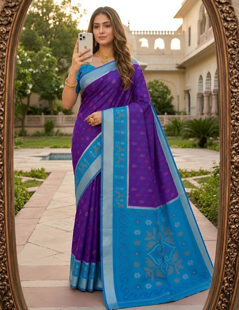 Blue color pochampally silk blend ikkat pattern zari woven border sarees