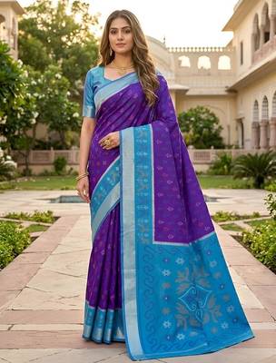 Blue color pochampally silk blend ikkat pattern zari woven border sarees 2