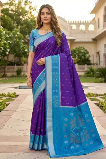 Blue color pochampally silk blend ikkat pattern zari woven border sarees