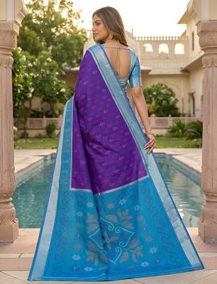 Blue color pochampally silk blend ikkat pattern zari woven border sarees 3