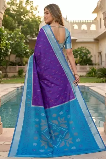 Blue color pochampally silk blend ikkat pattern zari woven border sarees