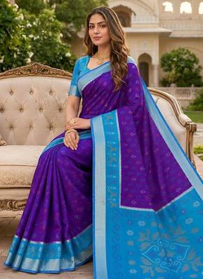 Blue color pochampally silk blend ikkat pattern zari woven border sarees 4