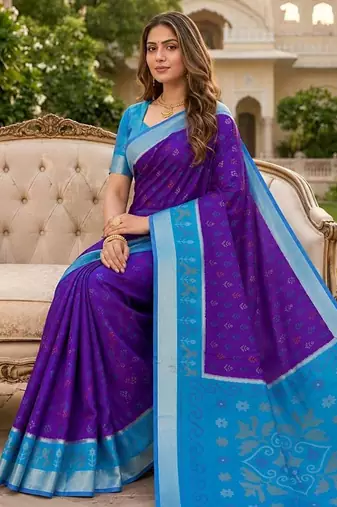 Blue color pochampally silk blend ikkat pattern zari woven border sarees