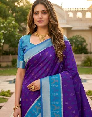Blue color pochampally silk blend ikkat pattern zari woven border sarees 5