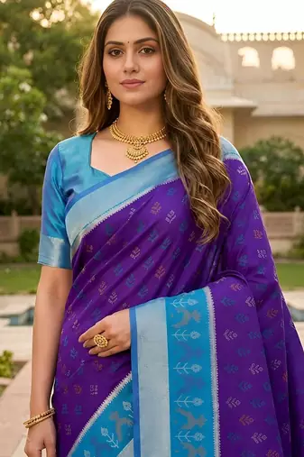 Blue color pochampally silk blend ikkat pattern zari woven border sarees
