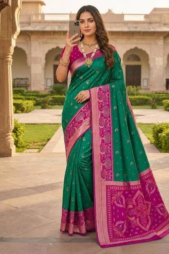 Green color pochampally silk blend ikkat pattern zari woven border sarees