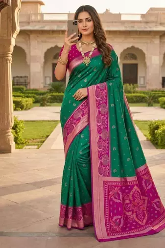 Green color pochampally silk blend ikkat pattern zari woven border sarees