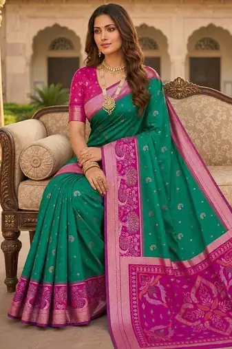 Green color pochampally silk blend ikkat pattern zari woven border sarees