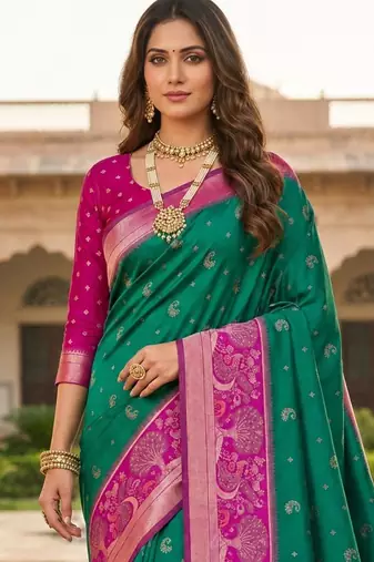 Green color pochampally silk blend ikkat pattern zari woven border sarees