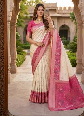 White color pochampally silk blend ikkat pattern zari woven border sarees 1