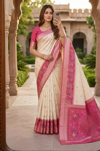 White color pochampally silk blend ikkat pattern zari woven border sarees