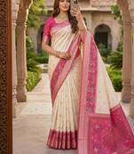White color pochampally silk blend ikkat pattern zari woven border sarees