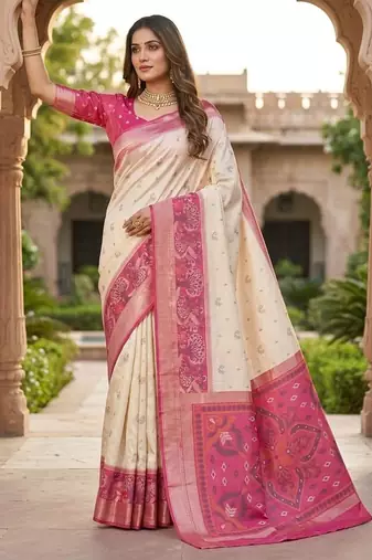 White color pochampally silk blend ikkat pattern zari woven border sarees