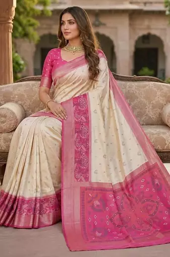 White color pochampally silk blend ikkat pattern zari woven border sarees